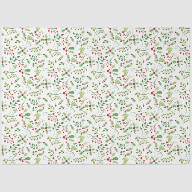 Watercolor Christmas Holly Berry Leaves Red Green Tissue Paper (Front)