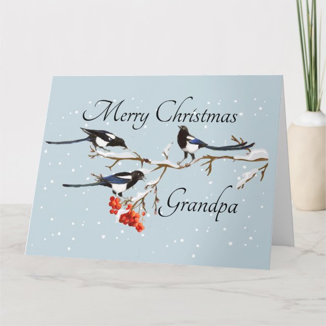 Watercolor Christmas Holly Magpie Bird Grandpa Card (Front)