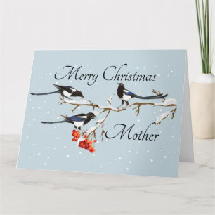 Watercolor Christmas Holly Magpie Bird Mother Card