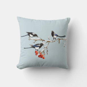 Watercolor Christmas Holly Magpie Bird Nature Art  Cushion