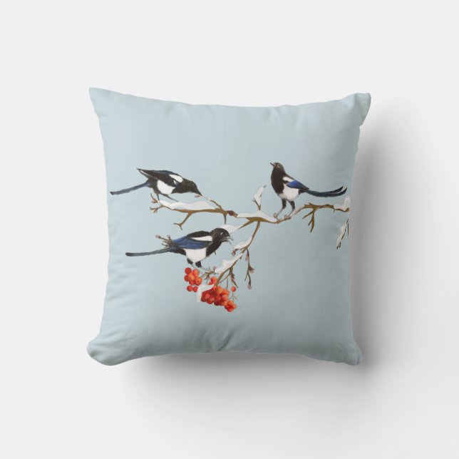 Watercolor Christmas Holly Magpie Bird Nature Art  Cushion (Front)