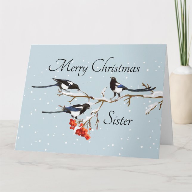 Watercolor Christmas Holly Magpie Bird Sister Art Card (Front)
