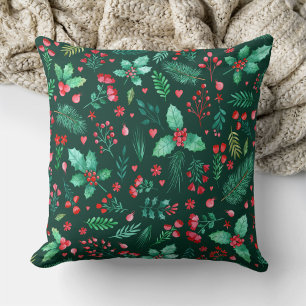 Watercolor Christmas Holly Red Berries Floral Cushion