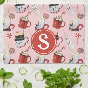 Watercolor Christmas Hot Chocolate Cocoa Monogram Tea Towel