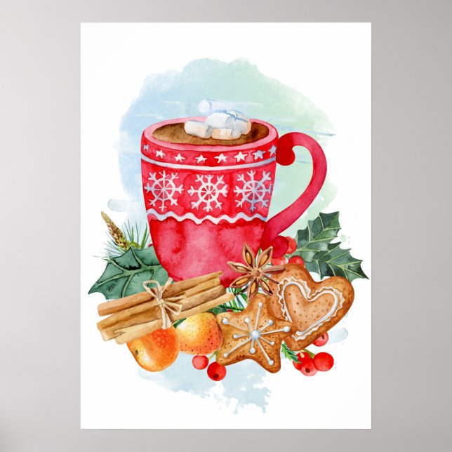 Watercolor Christmas Hot Chocolate Marshmallow Poster (Front)