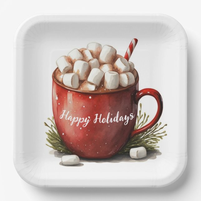 Watercolor Christmas Hot Chocolate Paper Plate (Front)