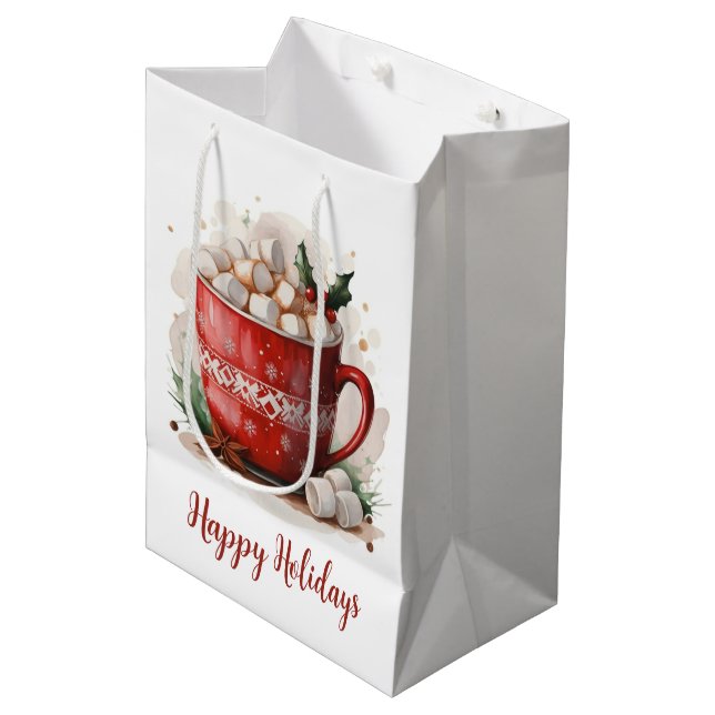 Watercolor Christmas Hot Cocoa Medium Gift Bag (Front Angled)