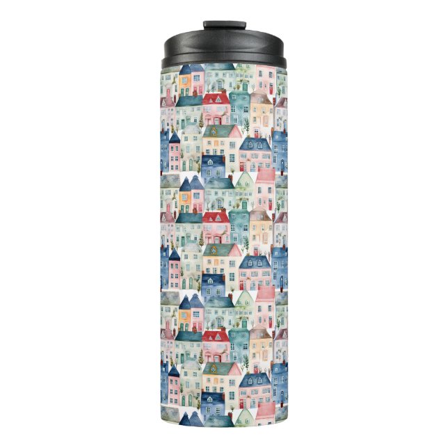 Watercolor Christmas Houses seamless pattern. Thermal Tumbler (Front)