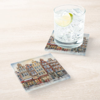 WATERCOLOR CHRISTMAS IN AMSTERDAM SNOWY SCENE GLASS COASTER