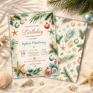 Watercolor Christmas in July Birthday Invitation