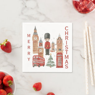 Watercolor Christmas in London Red Bus, Big Ben Napkin