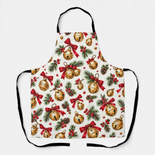 Watercolor Christmas Jingle Bells and Pine Pattern Apron