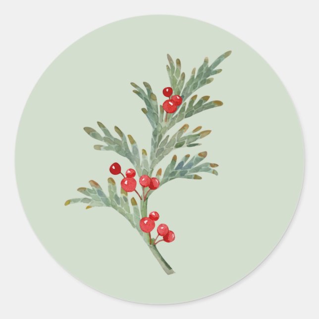 Watercolor Christmas Juniper Branch with Berries Classic Round Sticker (Front)