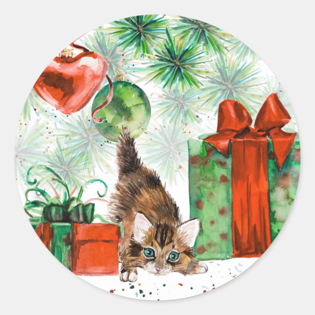 Watercolor Christmas - Kitten under tree Classic Round Sticker (Front)