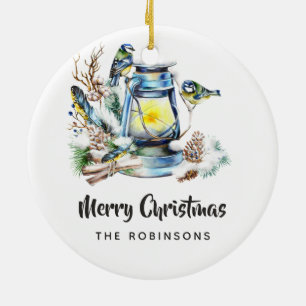 Watercolor Christmas Lantern Family Photo Ceramic Tree Decoration