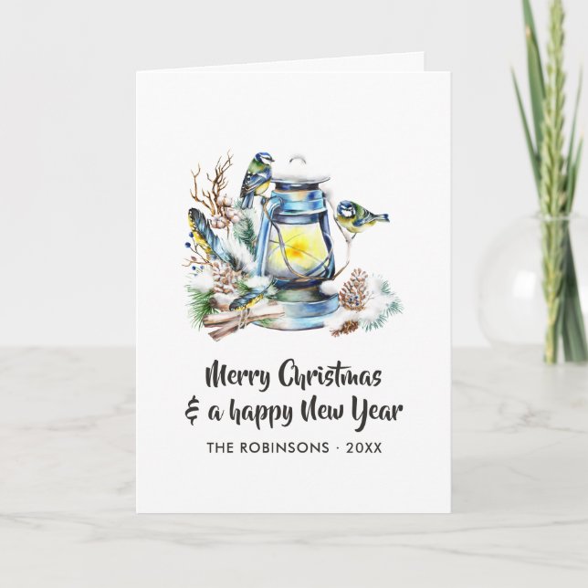 Watercolor Christmas Lantern Family Photo Holiday Card (Front)