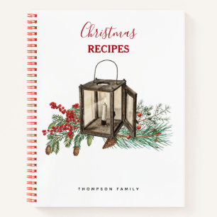 Watercolor Christmas Lantern Pine Berries Recipe Notebook