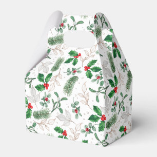 Watercolor Christmas Leaves and Berries White Favour Box