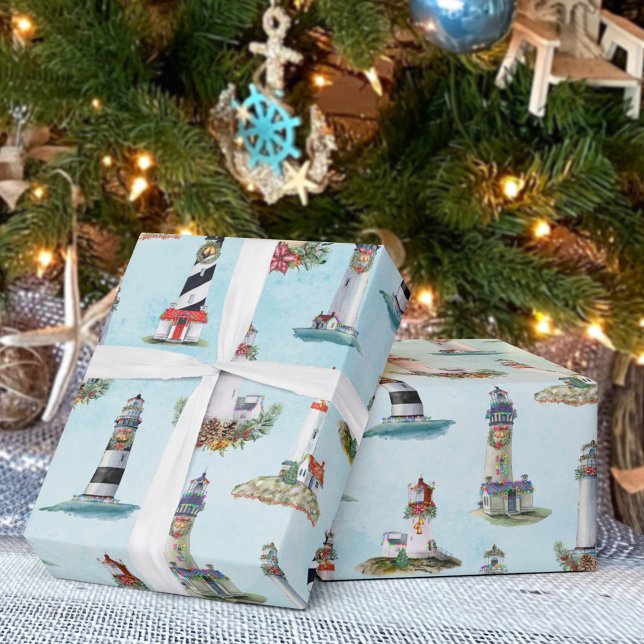 Watercolor Christmas Lighthouses Nautical Blue Wrapping Paper (Creator Uploaded)