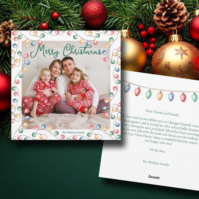 Watercolor Christmas Lights Cute Family Photo Holiday Card (Creator Uploaded)