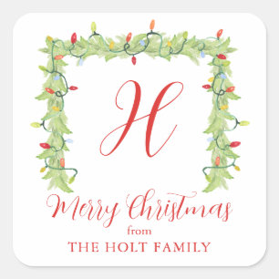 Watercolor Christmas Lights Garland Monogram Square Sticker
