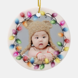 Watercolor Christmas Lights Newborn Baby's Photo Ceramic Tree Decoration