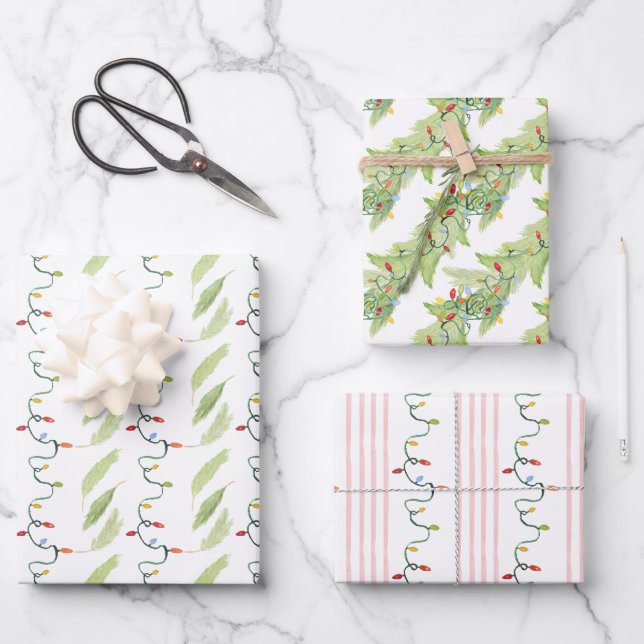 Watercolor Christmas Lights Wrapping Paper Sheet (Front)