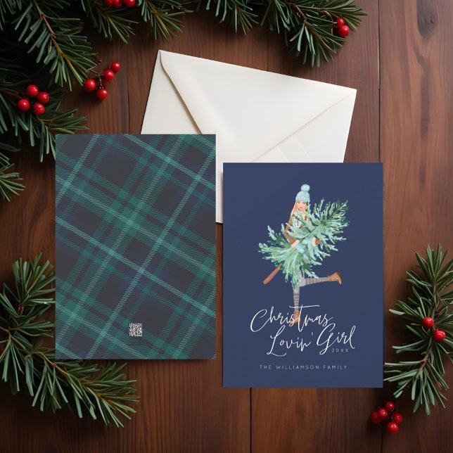 Watercolor Christmas Lovin' Girl Holding Pine Tree Holiday Card (Watercolor Christmas Lovin' Girl Holding Pine Tree Holiday Card)