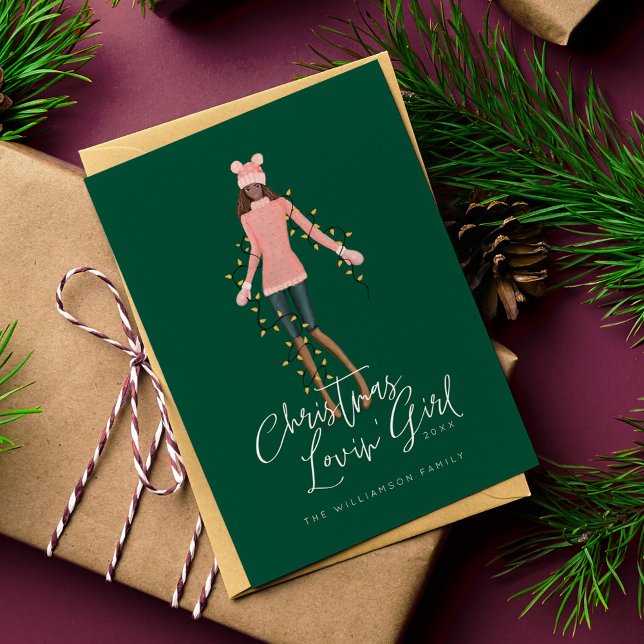 Watercolor Christmas Lovin' Girl Wrapped In Lights Holiday Card (Watercolor Christmas Lovin' Girl Wrapped In Lights Holiday Card)