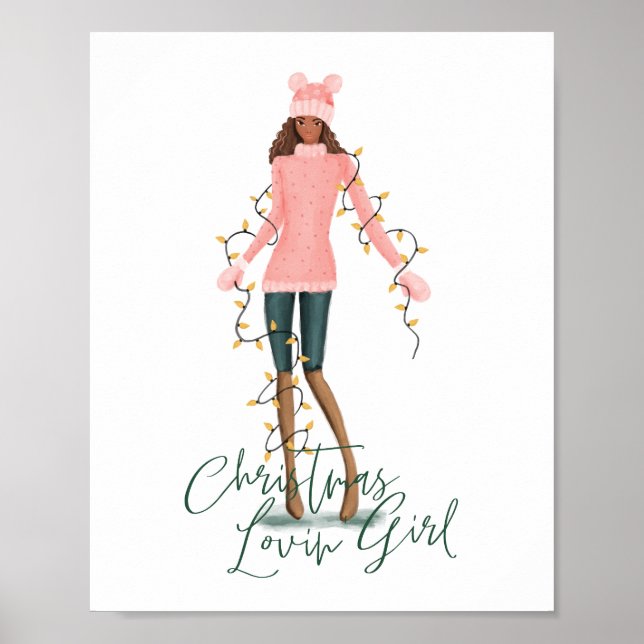 Watercolor Christmas Lovin' Girl Wrapped In Lights Poster (Front)