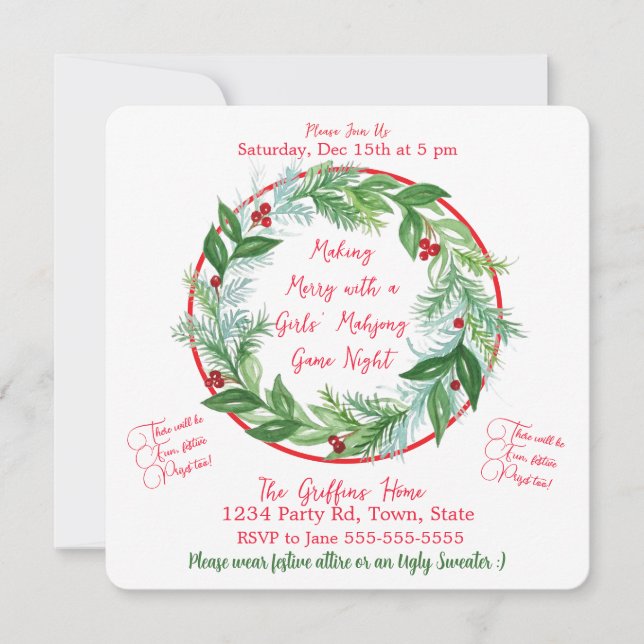 Watercolor Christmas MAHJONG Holiday Party Invitation (Front)