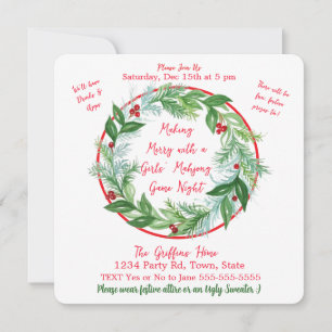 Watercolor Christmas MAHJONG Holiday Wreath  Invitation