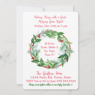 Watercolor Christmas MAHJONG Holiday Wreath L Invitation