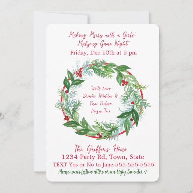 Watercolor Christmas MAHJONG Holiday Wreath L Invitation (Front)