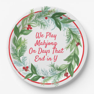 Watercolor Christmas MAHJONG Holiday Wreath Paper Plate