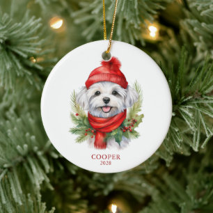 Watercolor Christmas Maltese Dog Photo Ceramic Tree Decoration
