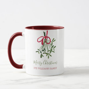 Watercolor Christmas Mistletoe Festive Red Ribbon Mug