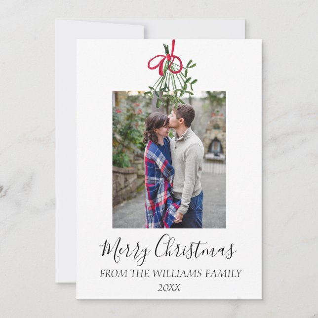 Watercolor Christmas Mistletoe Photo Botanical  Holiday Card (Front)