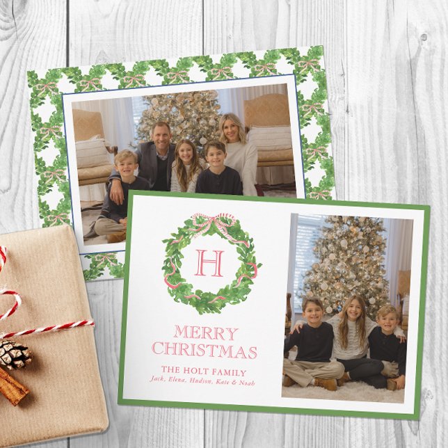 Watercolor Christmas Monogram Bow Wreath Photo Holiday Card (Creator Uploaded)