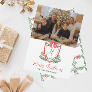 Watercolor Christmas Monogram Crest Holiday Card