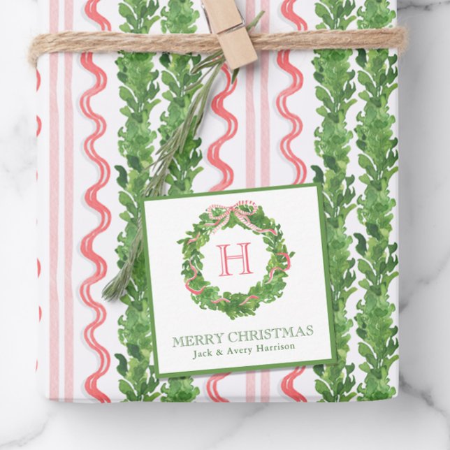Watercolor Christmas Monogram Striped Bow Wreath Card (Creator Uploaded)