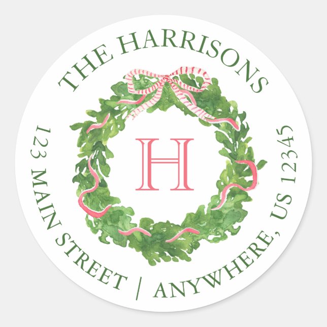 Watercolor Christmas Monogram Striped Bow Wreath  Classic Round Sticker (Front)
