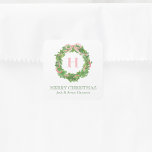 Watercolor Christmas Monogram Striped Bow Wreath Square Sticker<br><div class="desc">PreppyPrint.com - Celebrate Christmas in style! Add your personalised touch! Transfer this design onto the products of your choice too! Please visit my designer store,  PreppyPrint.com,  for coordinating items.</div>