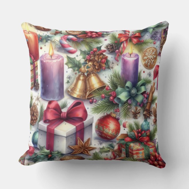Watercolor Christmas Motif Holiday Cushion (Front)