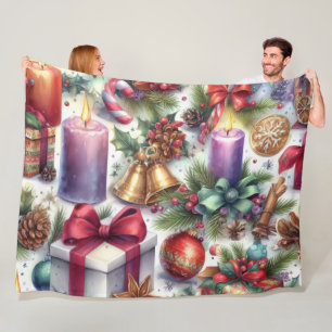 Watercolor Christmas Motif Holiday Fleece Blanket