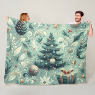 Watercolor Christmas Motif Holiday Whimsy Green Fleece Blanket