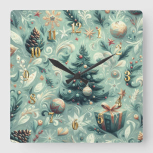 Watercolor Christmas Motif Holiday Whimsy Green Square Wall Clock