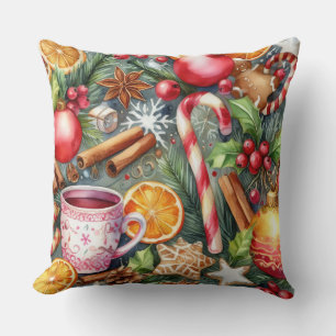 Watercolor Christmas Motifs Holiday Cushion