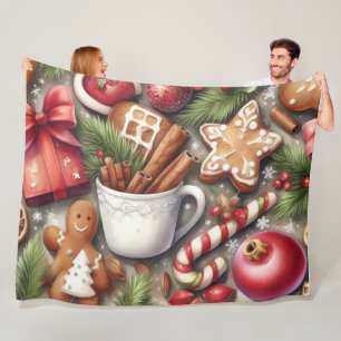 Watercolor Christmas Motifs Holiday Fleece Blanket