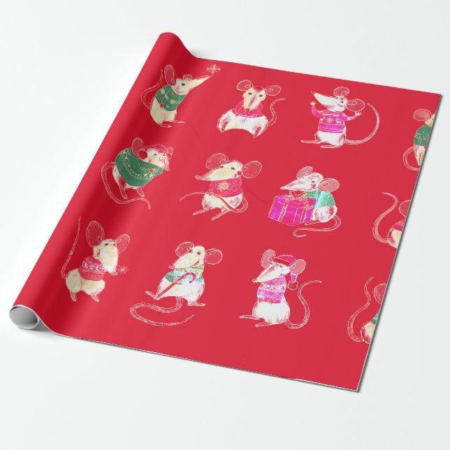 WATERCOLOR CHRISTMAS MOUSE GIFT WRAPPING  WRAPPING PAPER (Unrolled)